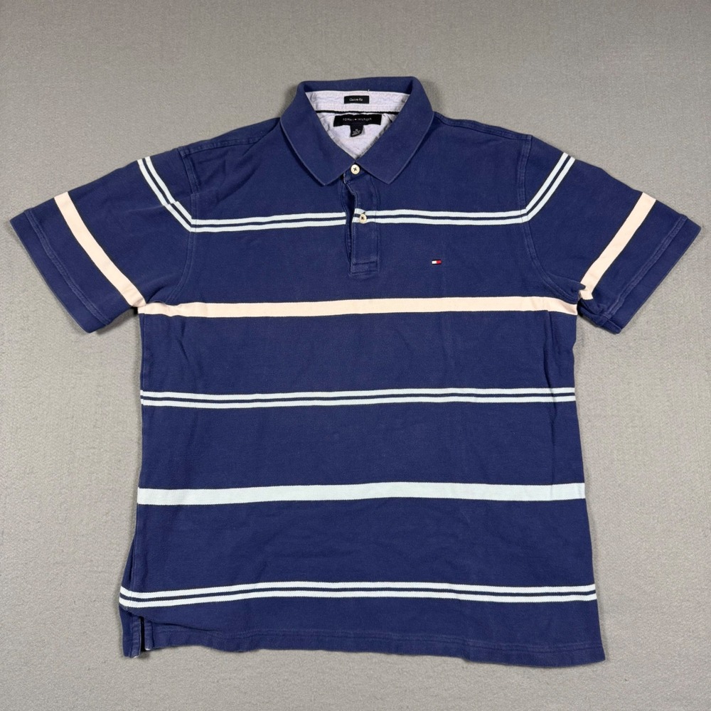 Tommy Hilfiger Mens Custom Fit Polo Shirt XL Blue Striped Short Sleeve Pique